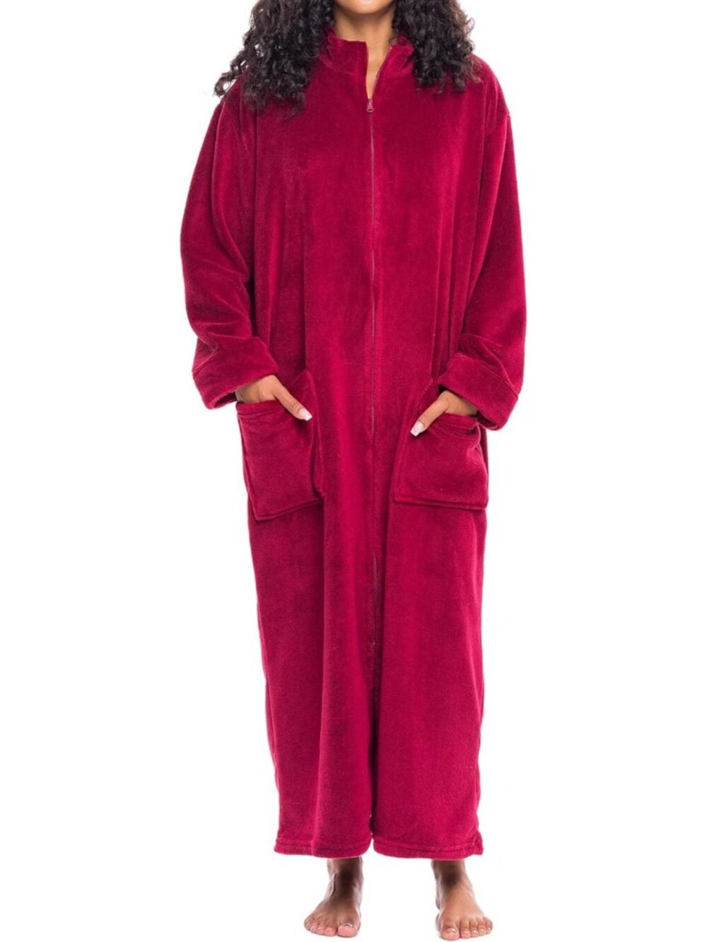 Cozy Women's Long Sleeve Plush Fleece Zip-Up Robe | Soft Zipper Bathrobe